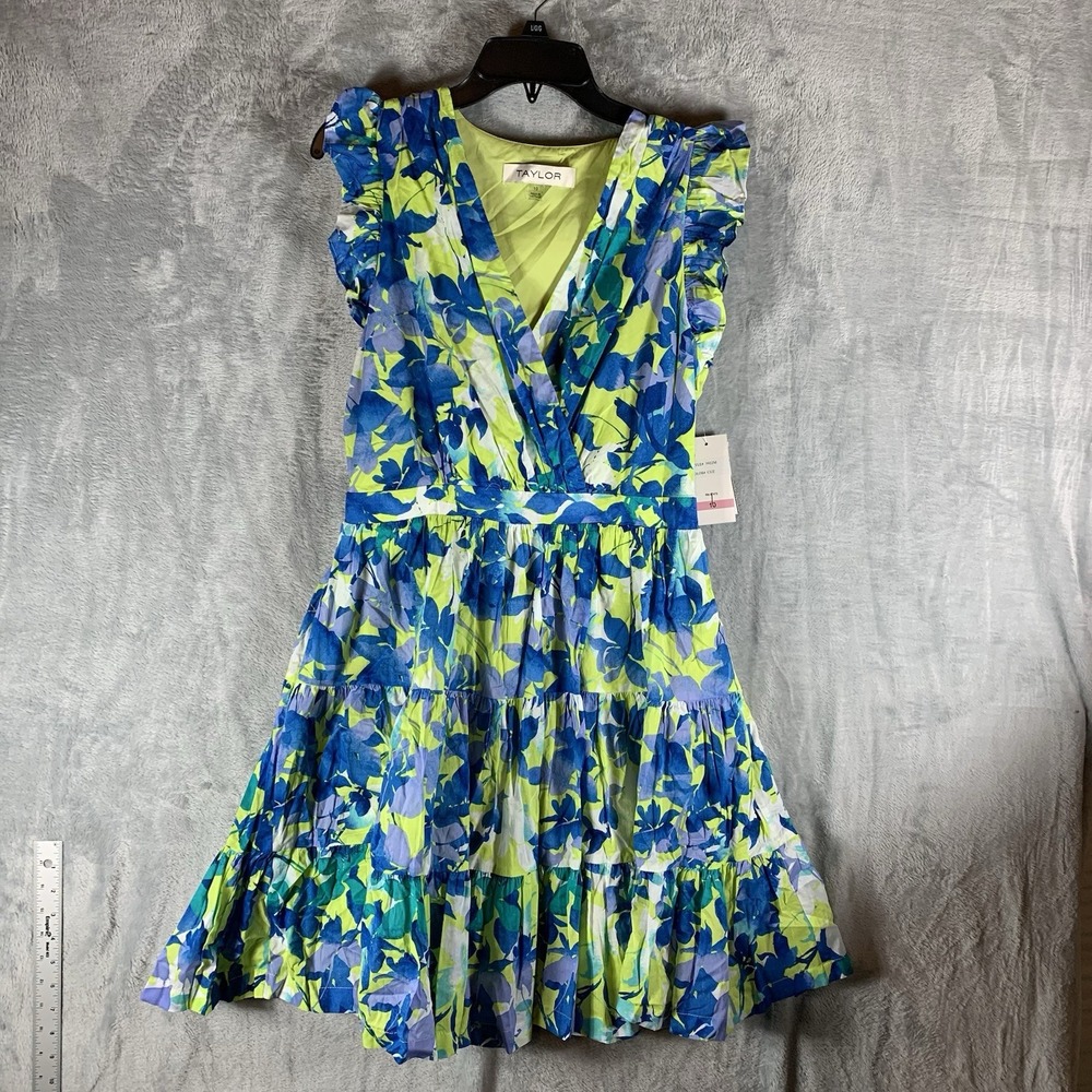 Taylor‎ Women's Dress 10 Chart Ocean Blue A Line V Neck Tiered Ruffle Floral